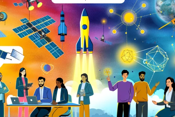 A vibrant scene depicting the Space Tech Entrepreneurship Incubation Program, featuring a rocket launch, innovative tech prototypes, and a group of di