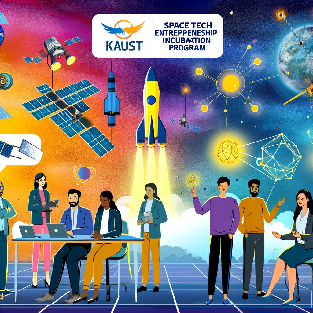 A vibrant scene depicting the Space Tech Entrepreneurship Incubation Program, featuring a rocket launch, innovative tech prototypes, and a group of di