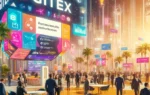 A vibrant scene at GITEX Africa in Marrakech, showcasing a modern tech expo environment with colorful booths and digital startup displays. People are