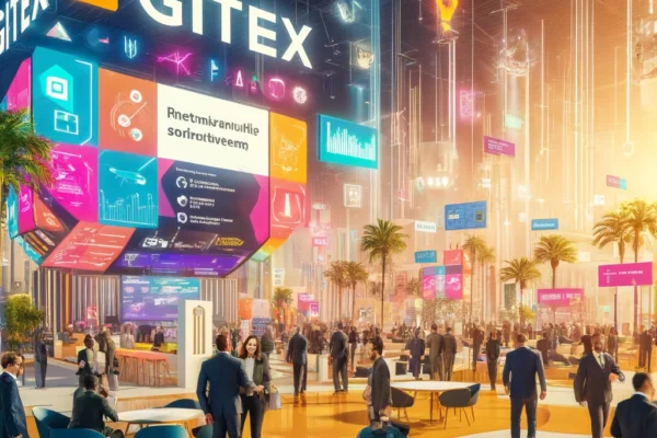 A vibrant scene at GITEX Africa in Marrakech, showcasing a modern tech expo environment with colorful booths and digital startup displays. People are