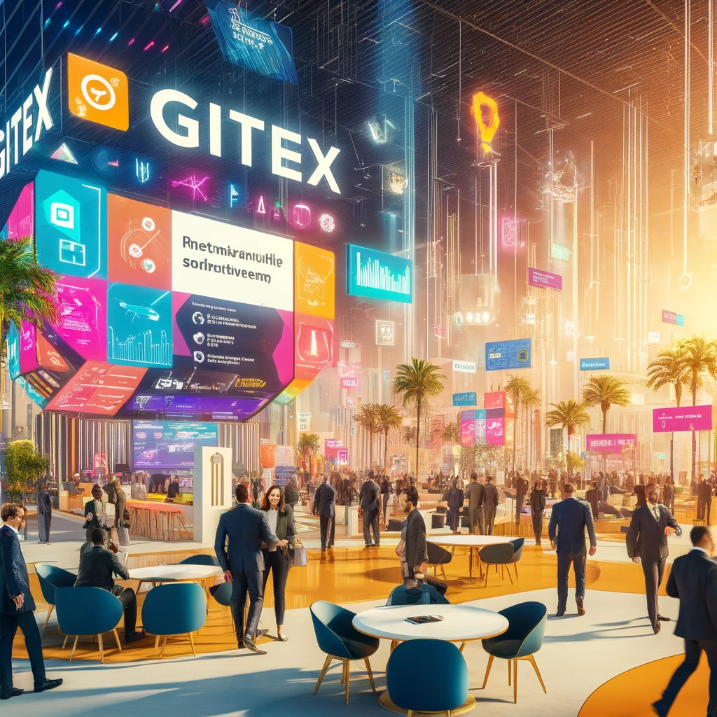 A vibrant scene at GITEX Africa in Marrakech, showcasing a modern tech expo environment with colorful booths and digital startup displays. People are