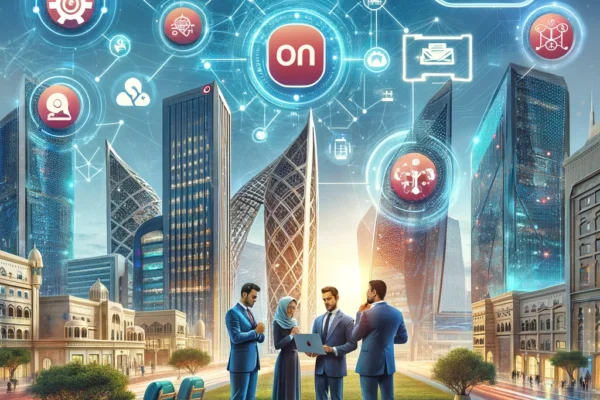 A vibrant scene showcasing a partnership between MERP Systems and Omantel. The background includes modern office buildings with Omantel and MERP logos