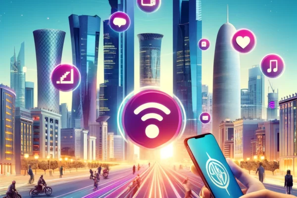 A vibrant scene showcasing Qatar's technological advancement in telecommunications. The image features modern cityscapes of Doha with sleek skyscraper