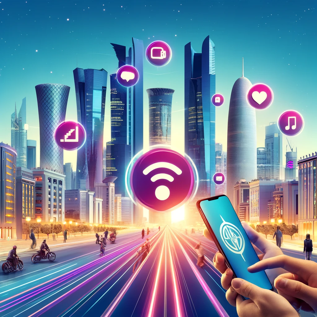 A vibrant scene showcasing Qatar's technological advancement in telecommunications. The image features modern cityscapes of Doha with sleek skyscraper