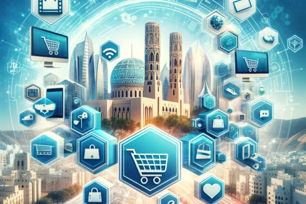 A dynamic scene representing Oman's growing e-commerce market. The image features modern shopping elements like online shopping carts, digital payment