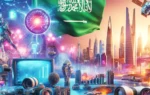 A vibrant scene showcasing Saudi Arabia's digital content industry. The image features elements such as video gaming, video production, and digital ad