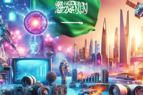 A vibrant scene showcasing Saudi Arabia's digital content industry. The image features elements such as video gaming, video production, and digital ad