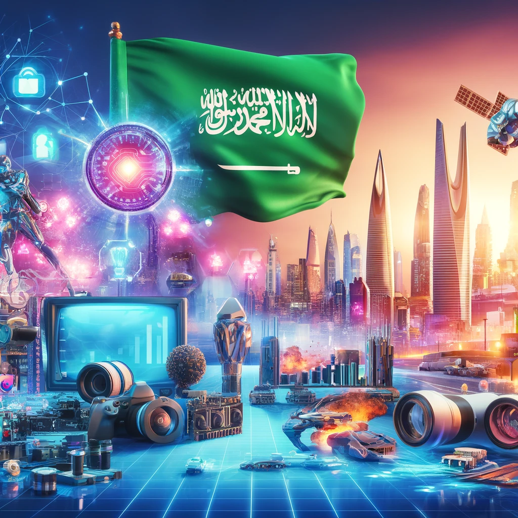 A vibrant scene showcasing Saudi Arabia's digital content industry. The image features elements such as video gaming, video production, and digital ad