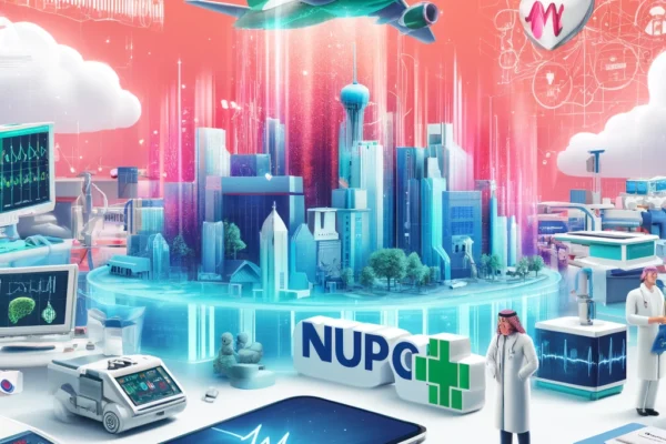 A vibrant scene showcasing the advancement of Saudi Arabia's healthcare system through digital technologies. The image features modern healthcare facility