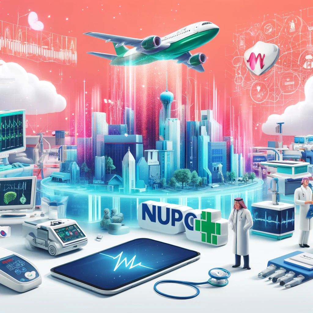 A vibrant scene showcasing the advancement of Saudi Arabia's healthcare system through digital technologies. The image features modern healthcare facility