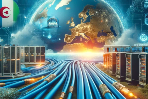 A dynamic scene depicting international connectivity between Italy and Tunisia. The image features undersea fiber optic cables, modern data centers, a