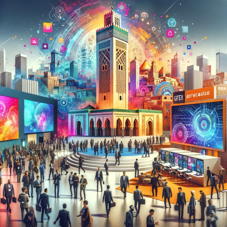 A vibrant scene of GITEX Africa in Marrakech, featuring modern exhibition booths, diverse attendees engaging with technology displays, and prominent b