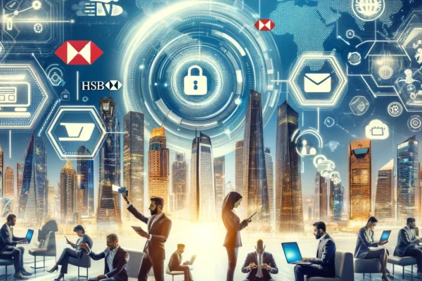 A dynamic scene showcasing the launch of HSBC's Omni Collect e-commerce payment platform in the UAE. The image features digital payment icons, business