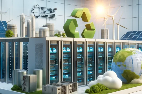 A modern, energy-efficient data center featuring advanced technology and infrastructure. The scene includes sleek servers, cooling systems, and green