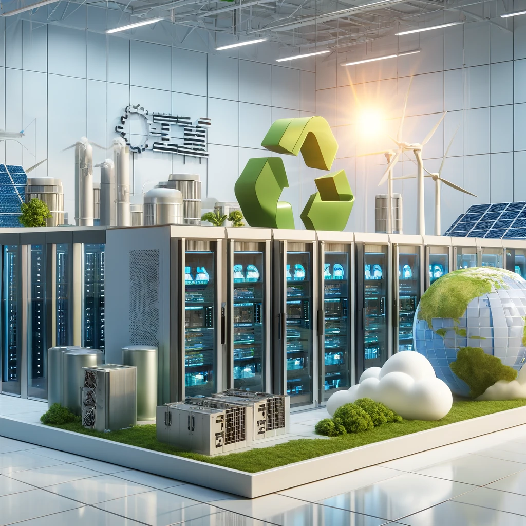 A modern, energy-efficient data center featuring advanced technology and infrastructure. The scene includes sleek servers, cooling systems, and green