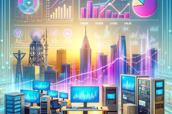 A vibrant scene representing Telecom Egypt's financial growth. The image features a modern office with financial charts showing growth, telecom equipment