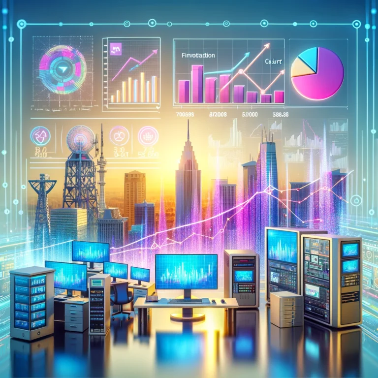 A vibrant scene representing Telecom Egypt's financial growth. The image features a modern office with financial charts showing growth, telecom equipment