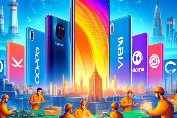 A vibrant scene showcasing Egypt's rise as a smartphone manufacturing hub. The image features modern factories with the logos of Samsung, Oppo, Xiaomi