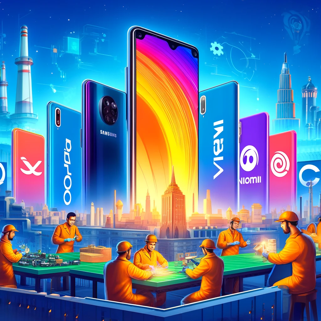 A vibrant scene showcasing Egypt's rise as a smartphone manufacturing hub. The image features modern factories with the logos of Samsung, Oppo, Xiaomi