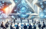 A dynamic scene of the Museum of the Future in Dubai hosting the AI Retreat. The image features a modern, futuristic setting with AI experts and industry