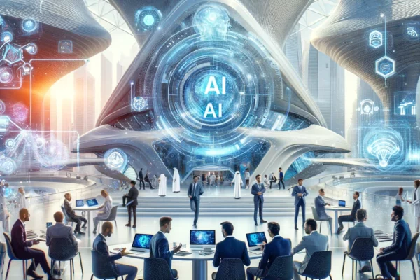 A dynamic scene of the Museum of the Future in Dubai hosting the AI Retreat. The image features a modern, futuristic setting with AI experts and industry