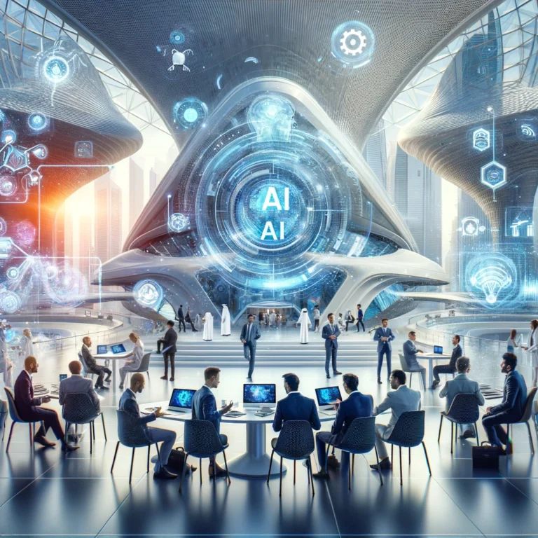 A dynamic scene of the Museum of the Future in Dubai hosting the AI Retreat. The image features a modern, futuristic setting with AI experts and industry