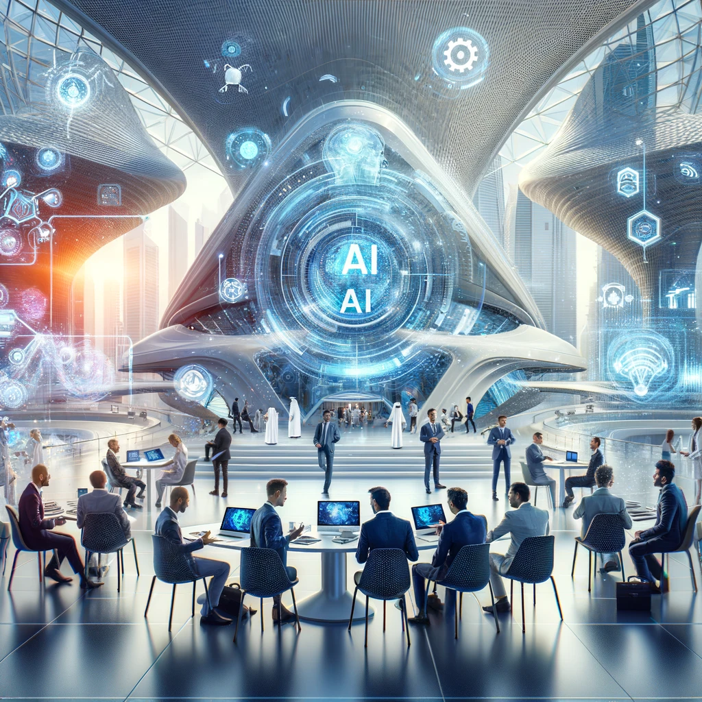 A dynamic scene of the Museum of the Future in Dubai hosting the AI Retreat. The image features a modern, futuristic setting with AI experts and industry