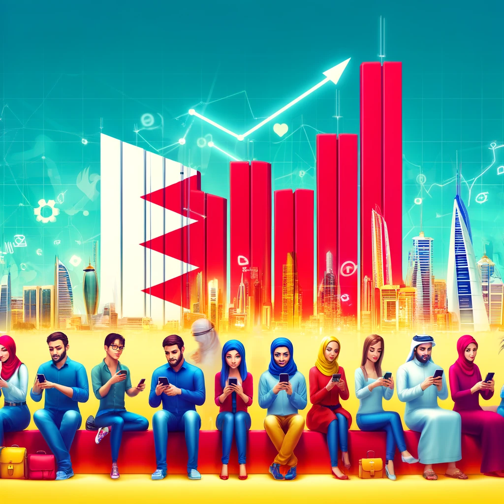 A vibrant scene showcasing the growth of Bahrain's mobile phone market. The image features a diverse group of people using smartphones in various sett