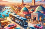 A vibrant scene showcasing OneClickDrive's expansion into Morocco. The image features a diverse range of cars available for rent, set against the back