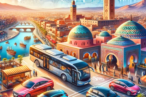 A vibrant scene showcasing OneClickDrive's expansion into Morocco. The image features a diverse range of cars available for rent, set against the back