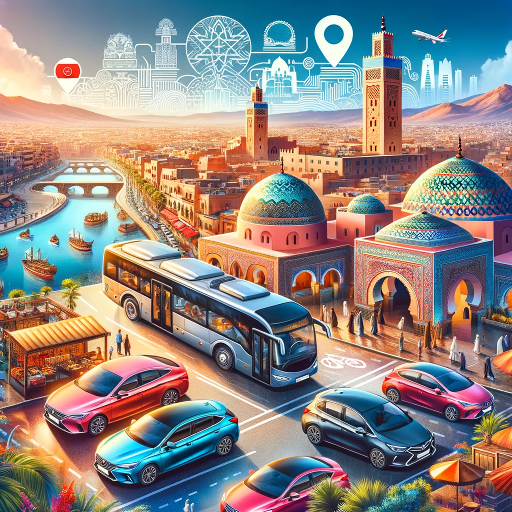 A vibrant scene showcasing OneClickDrive's expansion into Morocco. The image features a diverse range of cars available for rent, set against the back