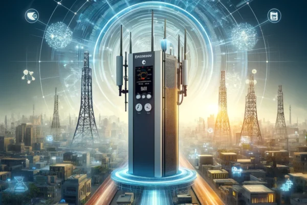 A dynamic scene showcasing Vodafone Egypt's deployment of Ericsson's triple-band radio. The image features a modern telecommunications tower with the