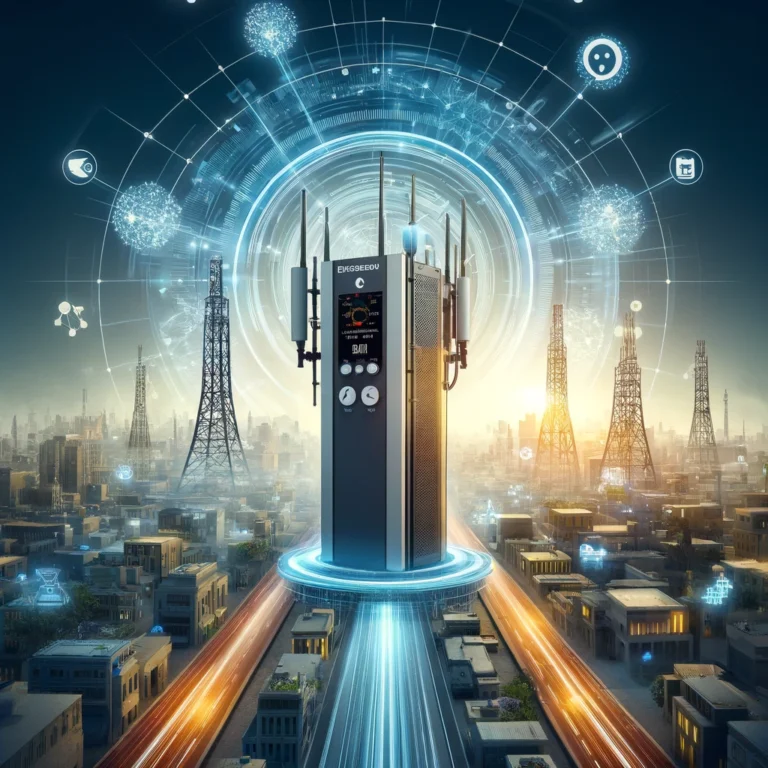 A dynamic scene showcasing Vodafone Egypt's deployment of Ericsson's triple-band radio. The image features a modern telecommunications tower with the