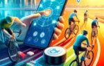 A vibrant scene showcasing the RIDEZ App and RIDEZ PLUS IoT device for cyclists. The image features cyclists using the app on their smartphones and th