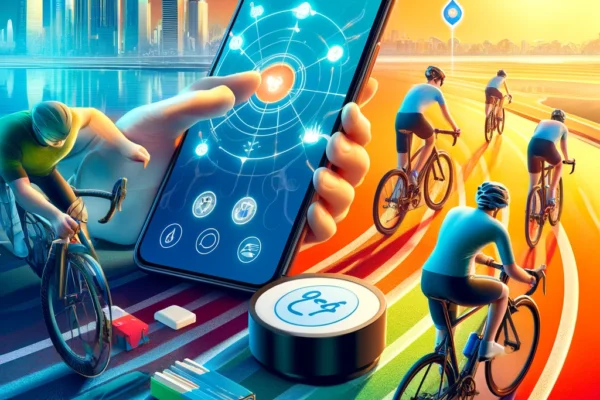 A vibrant scene showcasing the RIDEZ App and RIDEZ PLUS IoT device for cyclists. The image features cyclists using the app on their smartphones and th