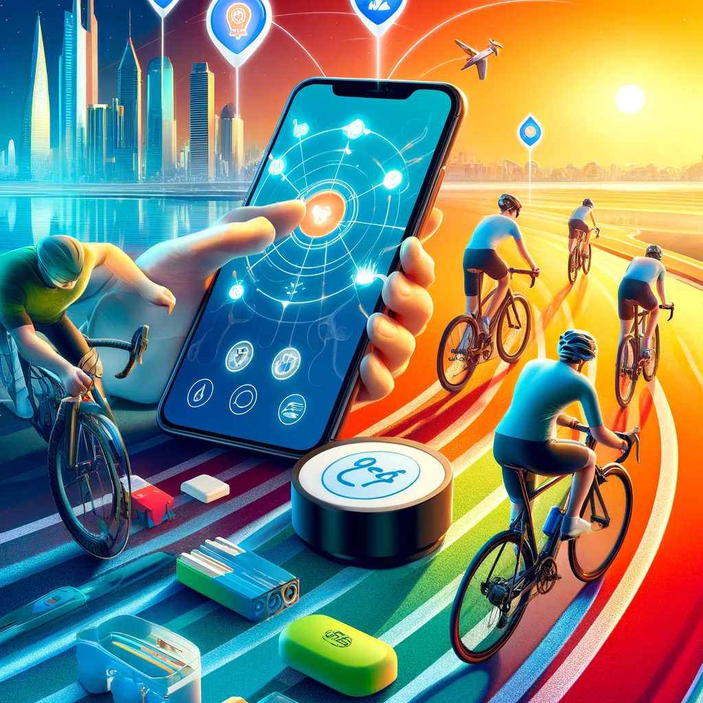 A vibrant scene showcasing the RIDEZ App and RIDEZ PLUS IoT device for cyclists. The image features cyclists using the app on their smartphones and th