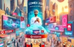 A vibrant scene showcasing Vodafone's participation at COMEX 2024 in Muscat. The image features Vodafone's booth with interactive displays, visitors e