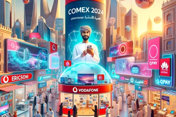 A vibrant scene showcasing Vodafone's participation at COMEX 2024 in Muscat. The image features Vodafone's booth with interactive displays, visitors e