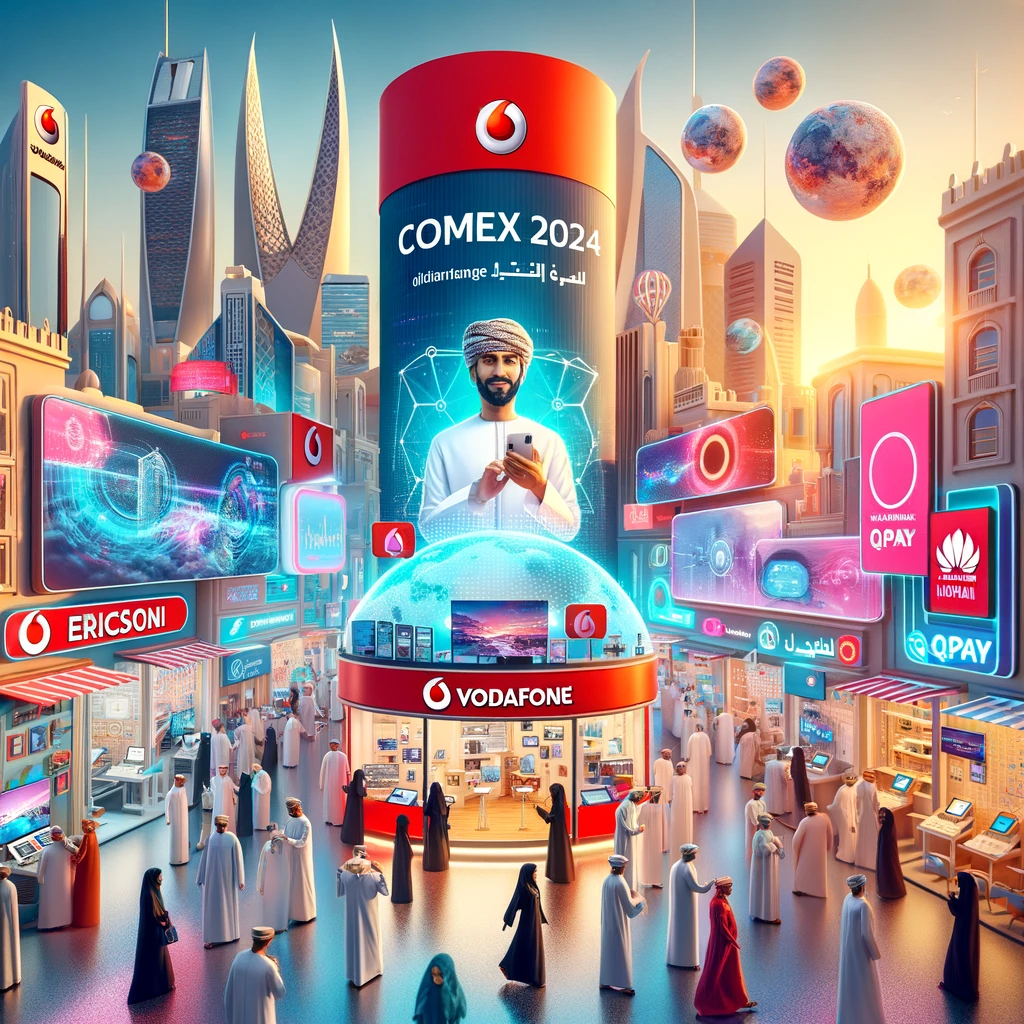 A vibrant scene showcasing Vodafone's participation at COMEX 2024 in Muscat. The image features Vodafone's booth with interactive displays, visitors e