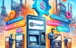 A vibrant scene showcasing the partnership between Madayn and Sadad Electronic Payment Gateway. The image features self-service payment machines at Ma