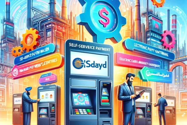 A vibrant scene showcasing the partnership between Madayn and Sadad Electronic Payment Gateway. The image features self-service payment machines at Ma