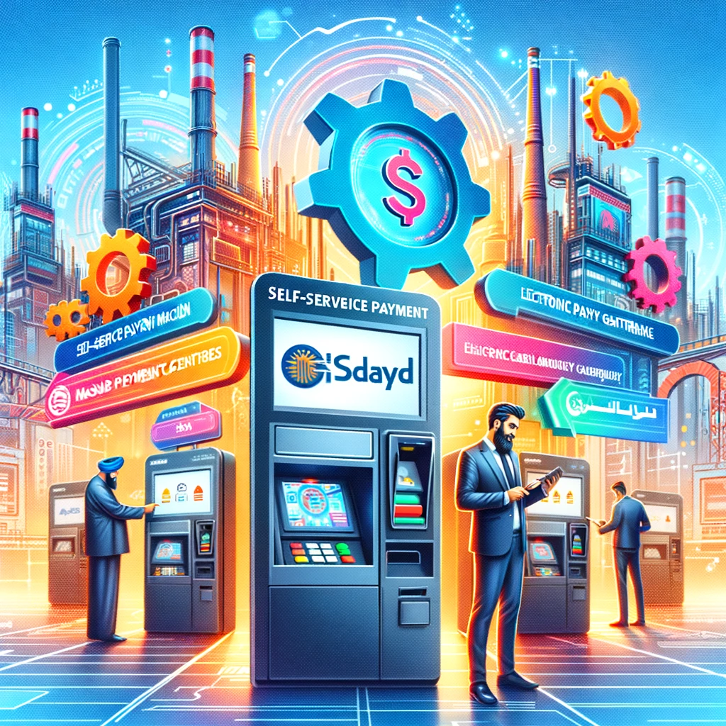 A vibrant scene showcasing the partnership between Madayn and Sadad Electronic Payment Gateway. The image features self-service payment machines at Ma