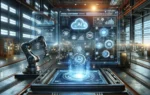 A futuristic digital interface showcasing advanced AI capabilities and cloud technology, with industrial elements in the background. The scene included