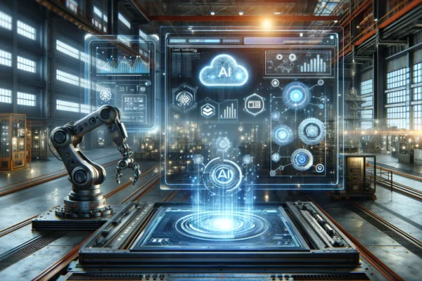 A futuristic digital interface showcasing advanced AI capabilities and cloud technology, with industrial elements in the background. The scene included