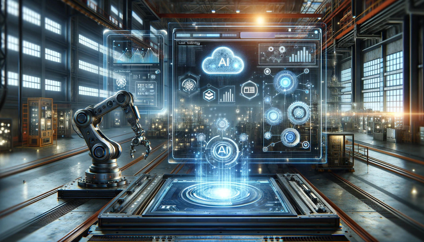 A futuristic digital interface showcasing advanced AI capabilities and cloud technology, with industrial elements in the background. The scene included