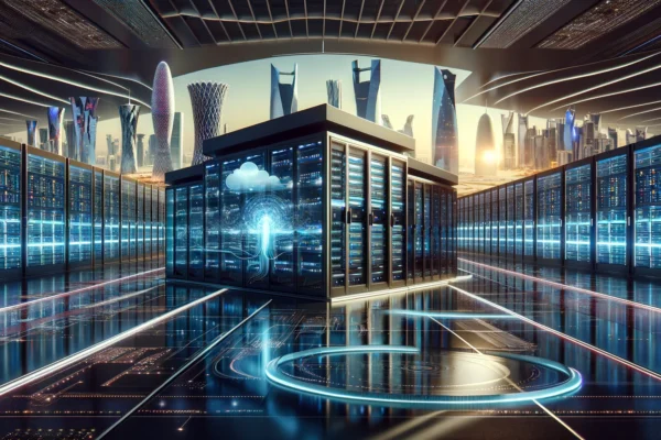 A modern datacentre facility with sleek architecture in Qatar, showcasing advanced AI and cloud technology. The scene includes high-tech servers, glow