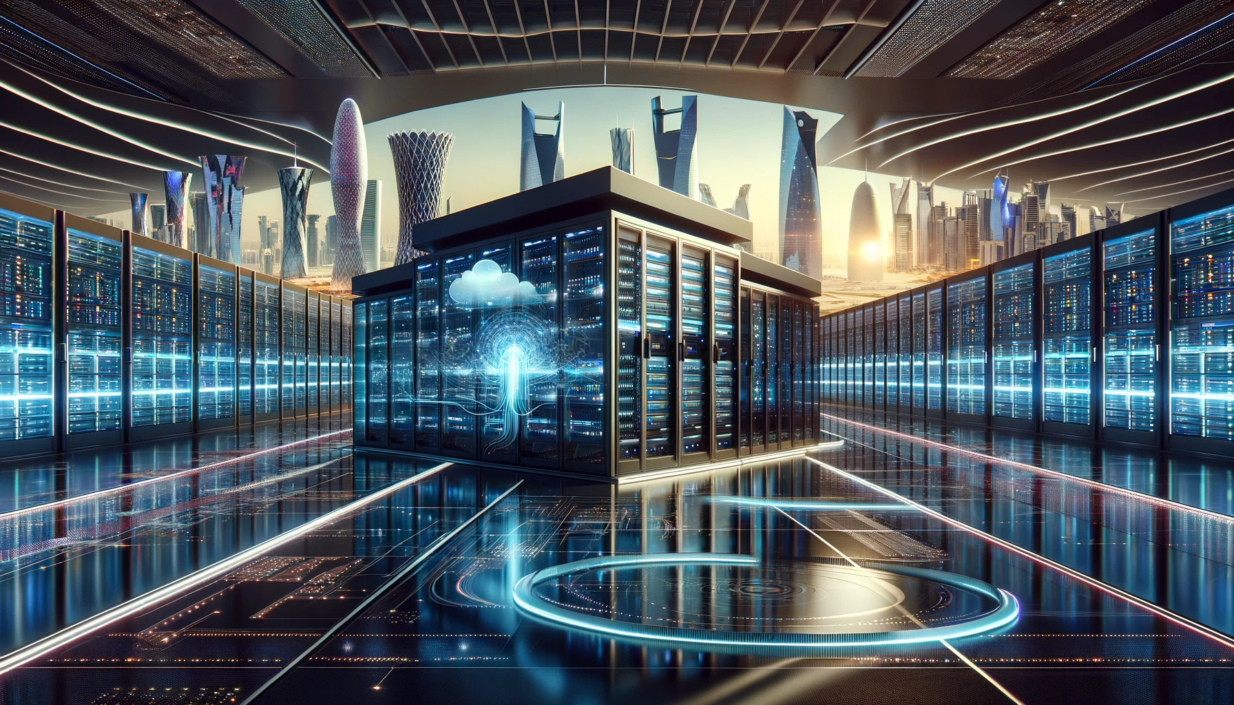 A modern datacentre facility with sleek architecture in Qatar, showcasing advanced AI and cloud technology. The scene includes high-tech servers, glow