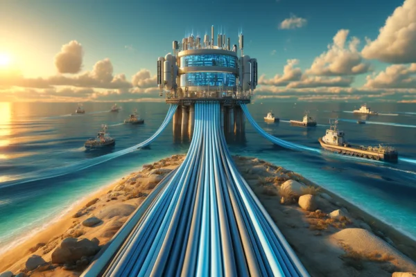 A detailed view of a modern cable landing station on the Egyptian coast, showcasing high-tech infrastructure with subsea cables coming ashore. The scene