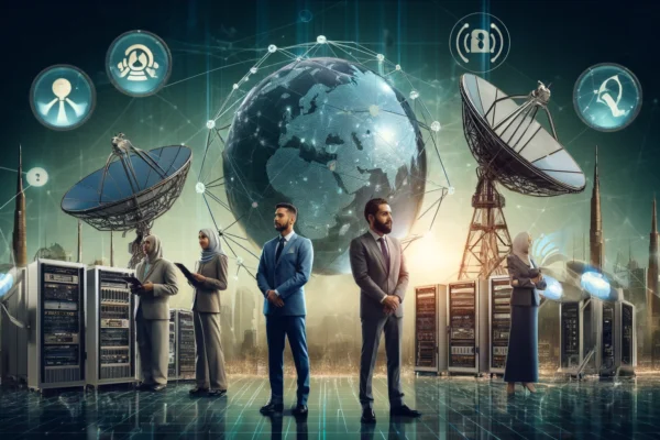 A modern telecommunications scene featuring representatives from Zain Omantel International and One Consortium collaborating. The backdrop includes hi