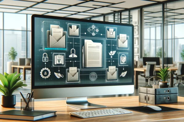 A modern digital document management system interface displayed on a computer screen in an office setting. The interface shows organized folders and d